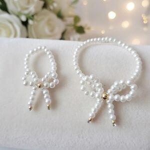 Pearl Beaded Bow Bracelet Set - White Pearls with Gold Accents
